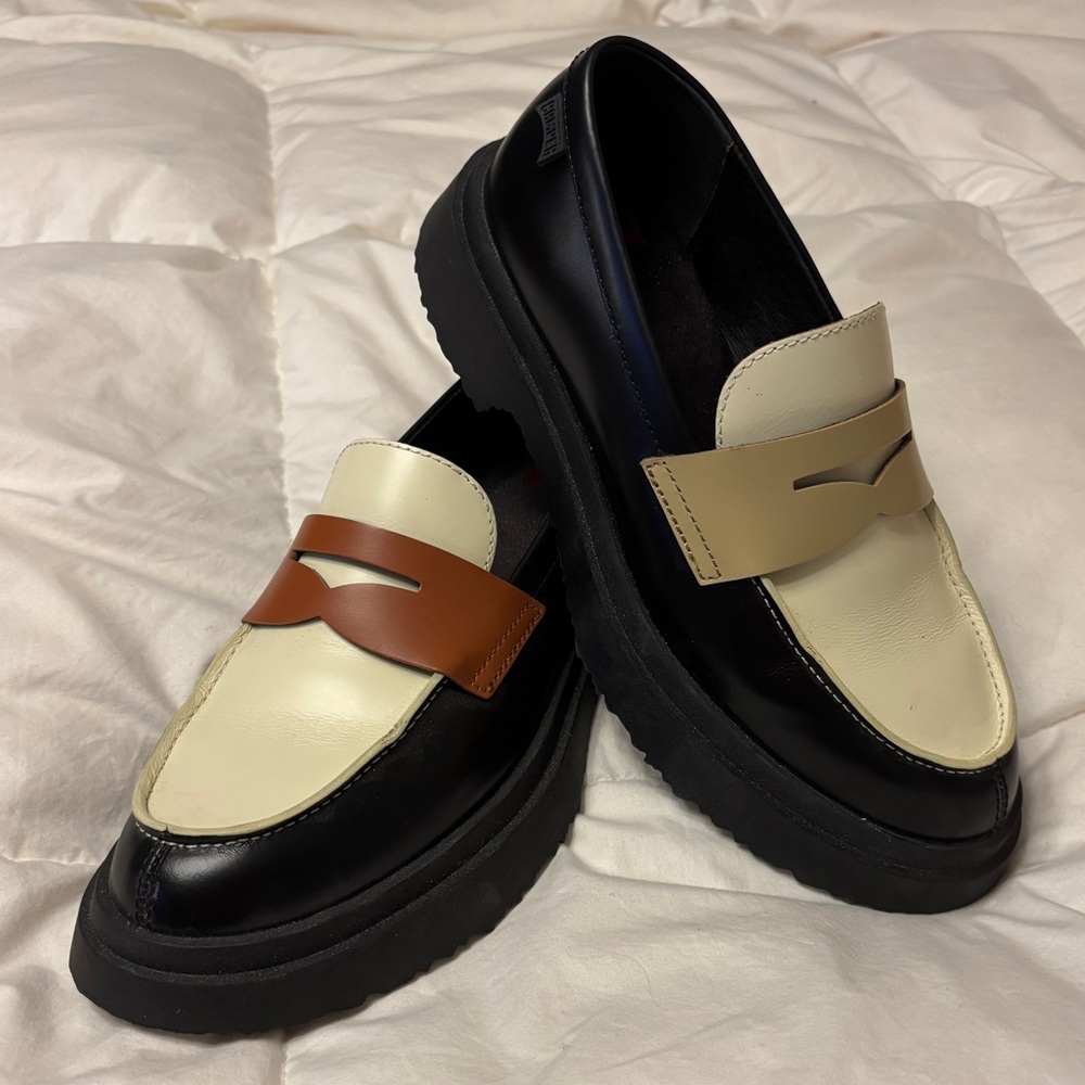 Camper Black and Cream Platform Loafers